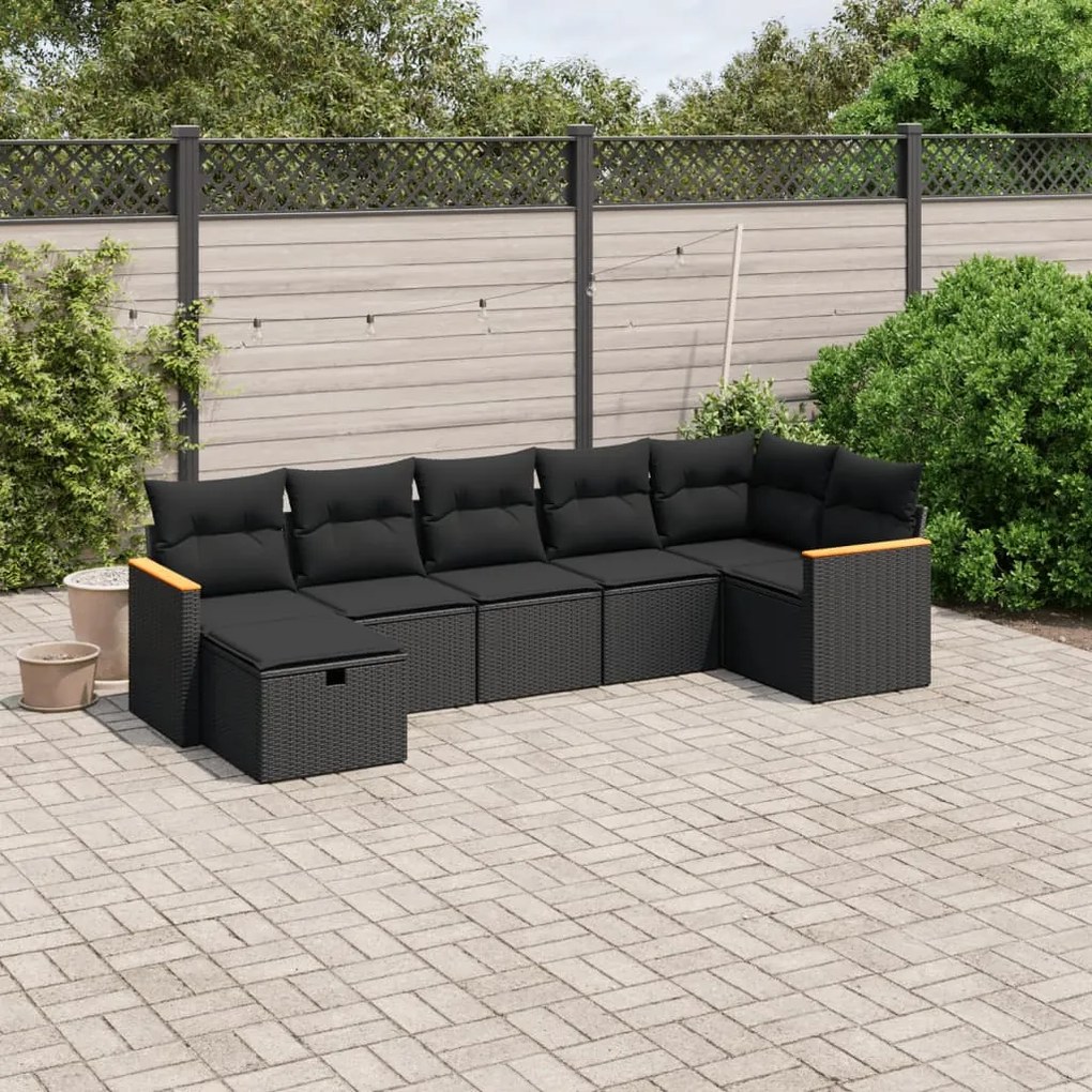 vidaXL Set canapele de grădină cu perne, 7 piese, negru, poliratan
