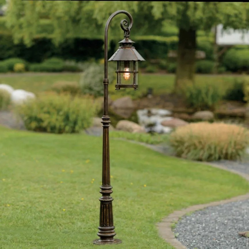 Stalp iluminat exterior design medieval cu felinar rotund si acoperis nituit, din fier forjat, inaltime 198cm, AL 6002