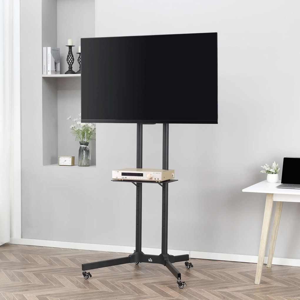 HOMCOM Carucior Suport Televizor cu Roti pentru TV 32-65" s VESA Maxim 600x400mm, Inaltime si Unghi Reglabile, Negru