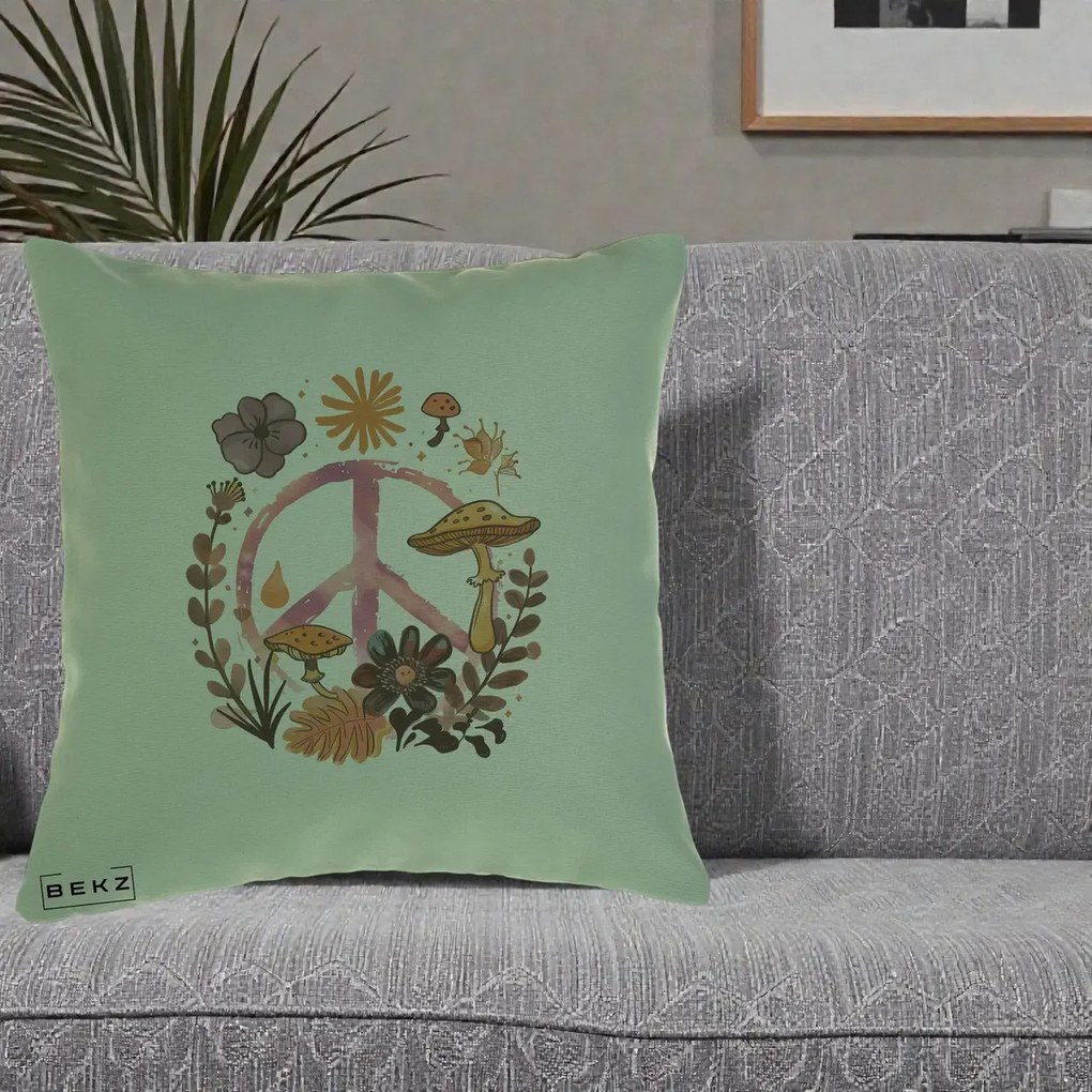 Perna Decorativa Peace Ciuperci Boho, 40x40 cm, Verde, Husa Detasabila, Perna Inclusa, BEKZ®