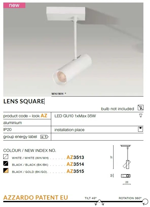 Spot directionabil cu brat, aplicat de tavan/plafon LENS SQUARE alb
