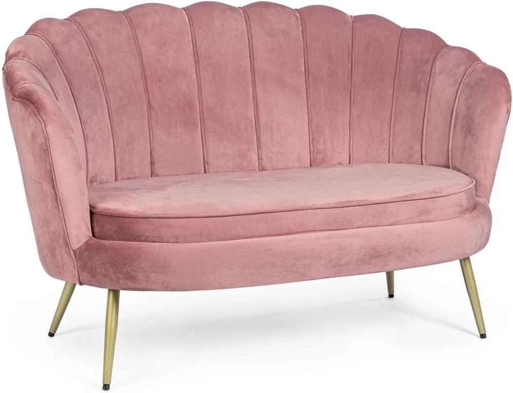 Canapea 2 locuri cu tapiterie din velur roz si picioare fier auriu Giliola 130 cm x 77 cm x 83 h x 44.5 h1