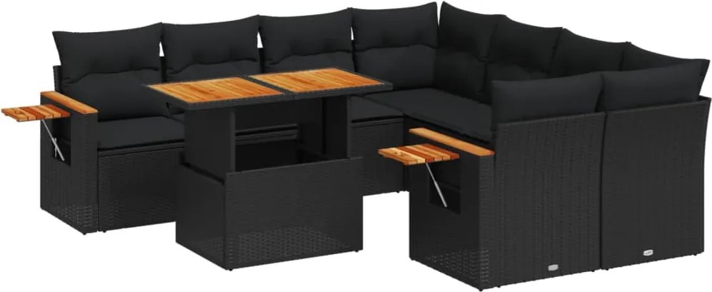 vidaXL Set mobilier de grădină cu perne, 9 piese, negru, poliratan