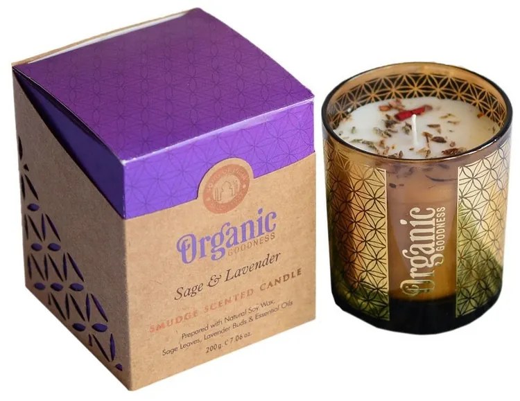 Lumânare aromată organică Sage &amp; Lavender 200g în sticlă cu folie aurie