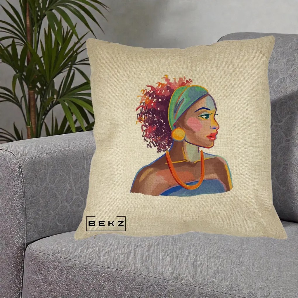 Perna Decorativa Portret Femeie Urbana Acuarela, 40x40 cm, Crem, Husa Detasabila, Perna Inclusa, BEKZ®