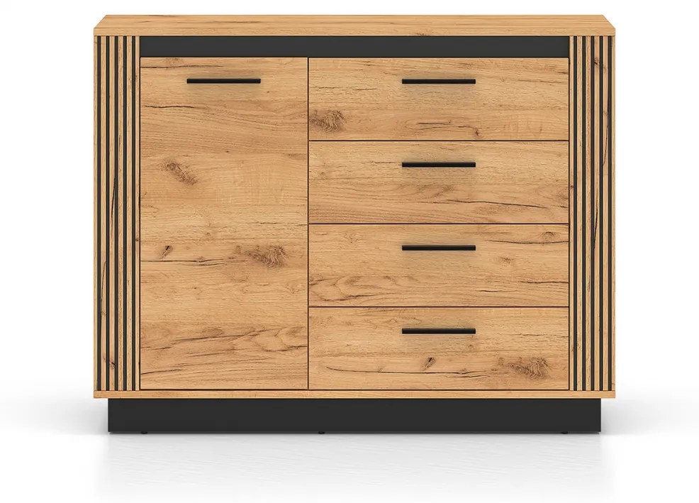 Comoda cu 4 sertare si 1 usa , stejar artisan  insertie negru, 115x90x40 cm, modern ,model riflaj pe margini, picioare negre , pentru living ,