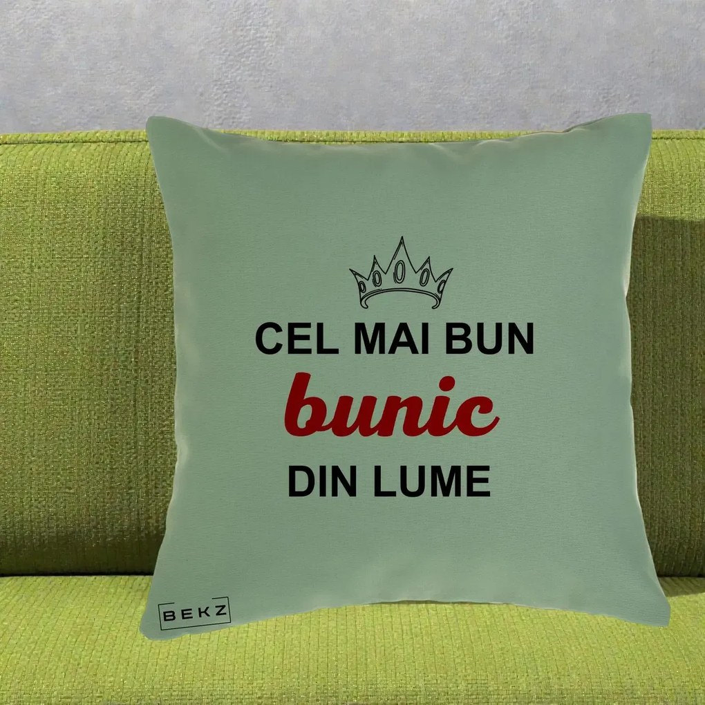 Cadou pentru Bunic - Perna Personalizata Cel Mai Bun Bunic Din Lume Coroana Rosu, 40x40 cm, Verde, Husa Detasabila, Perna Inclusa, BEKZ®
