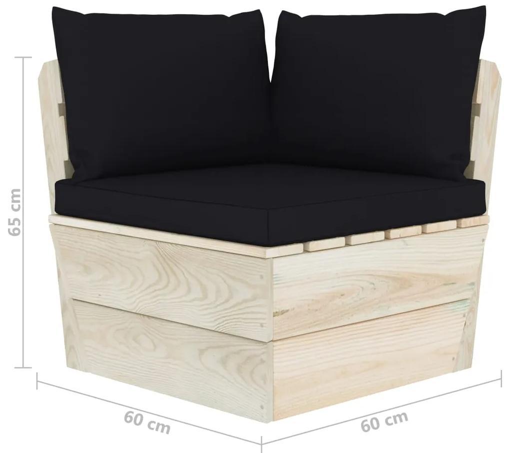 Set mobilier gradina din paleti cu perne, 3 piese, lemn molid Negru, colt + mijloc + suport pentru picioare, 1