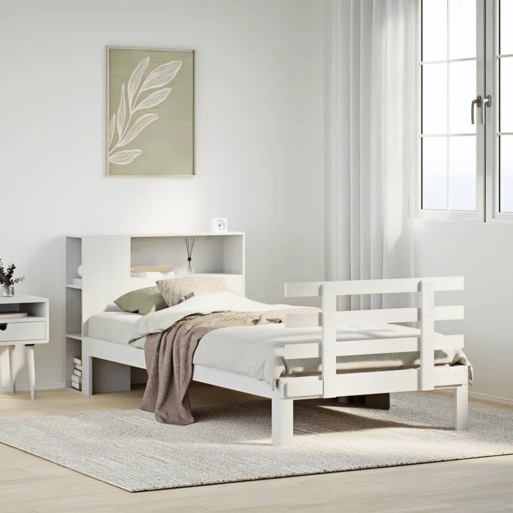 vidaXL Pat cu bibliotecă fără saltea, alb, 90x190 cm, lemn masiv pin
