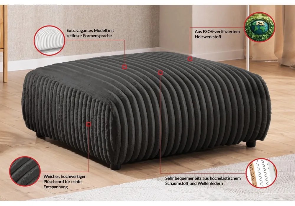 Taburet gri închis cu tapițerie din catifea reiată Justin – Ropez