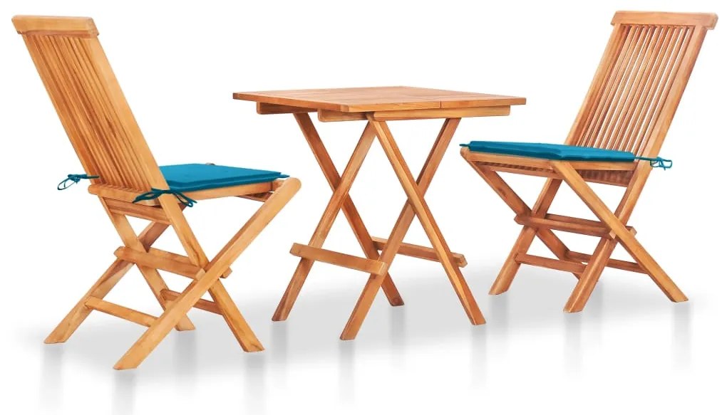 vidaXL Set bistro cu perne albastre, 3 piese, lemn masiv de tec