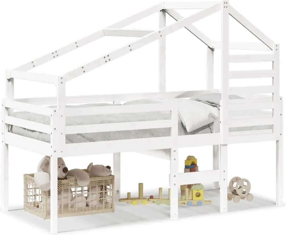 vidaXL Pat înalt cu acoperiș, alb, 80x200 cm, lemn masiv de pin