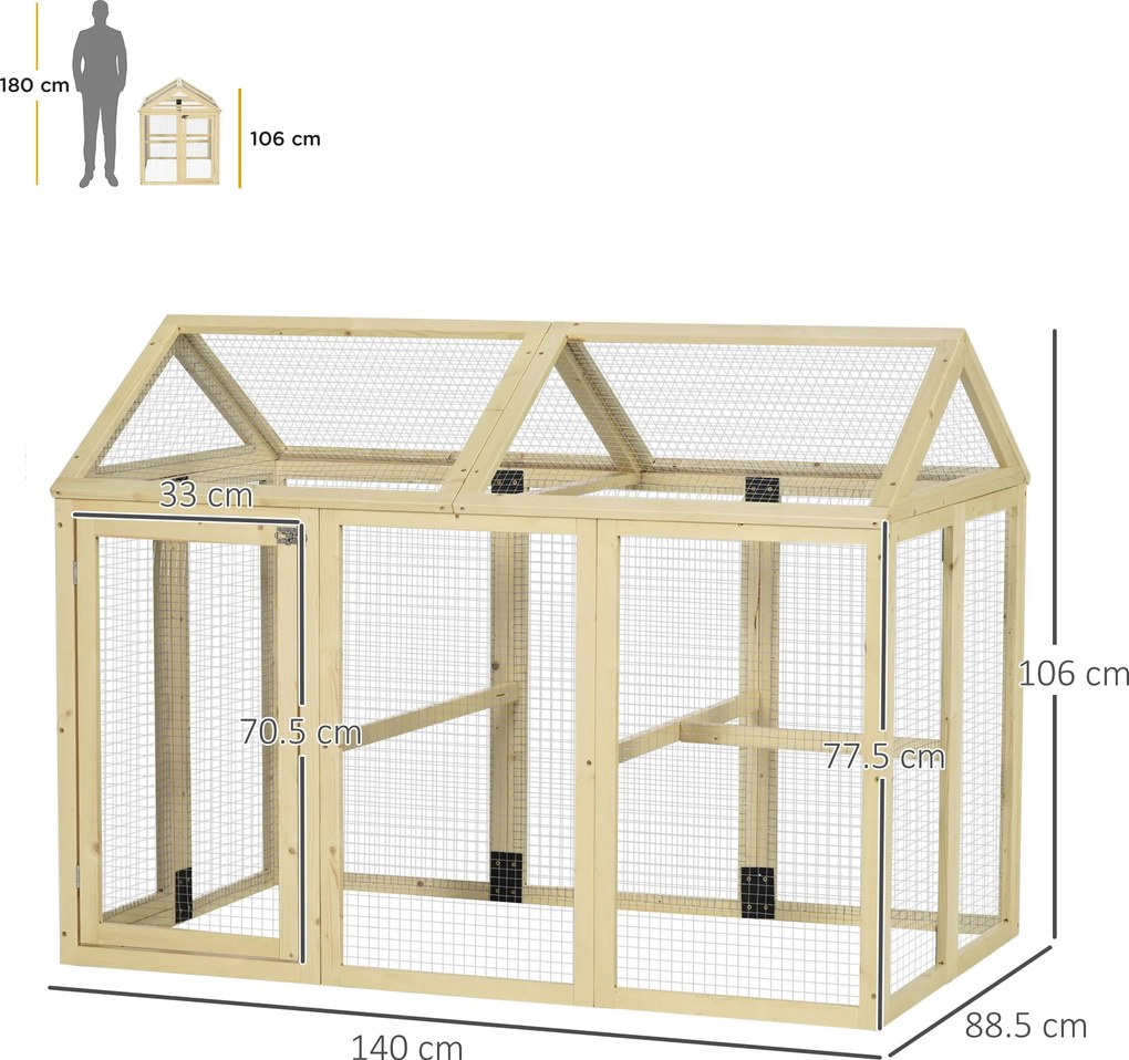 PawHut Adăpost pentru Găini de Exterior din Lemn, Cușcă cu Uși Multiple și Plasă Metalică, 140x88.5x106 cm, culoare Lemn | Aosom Romania