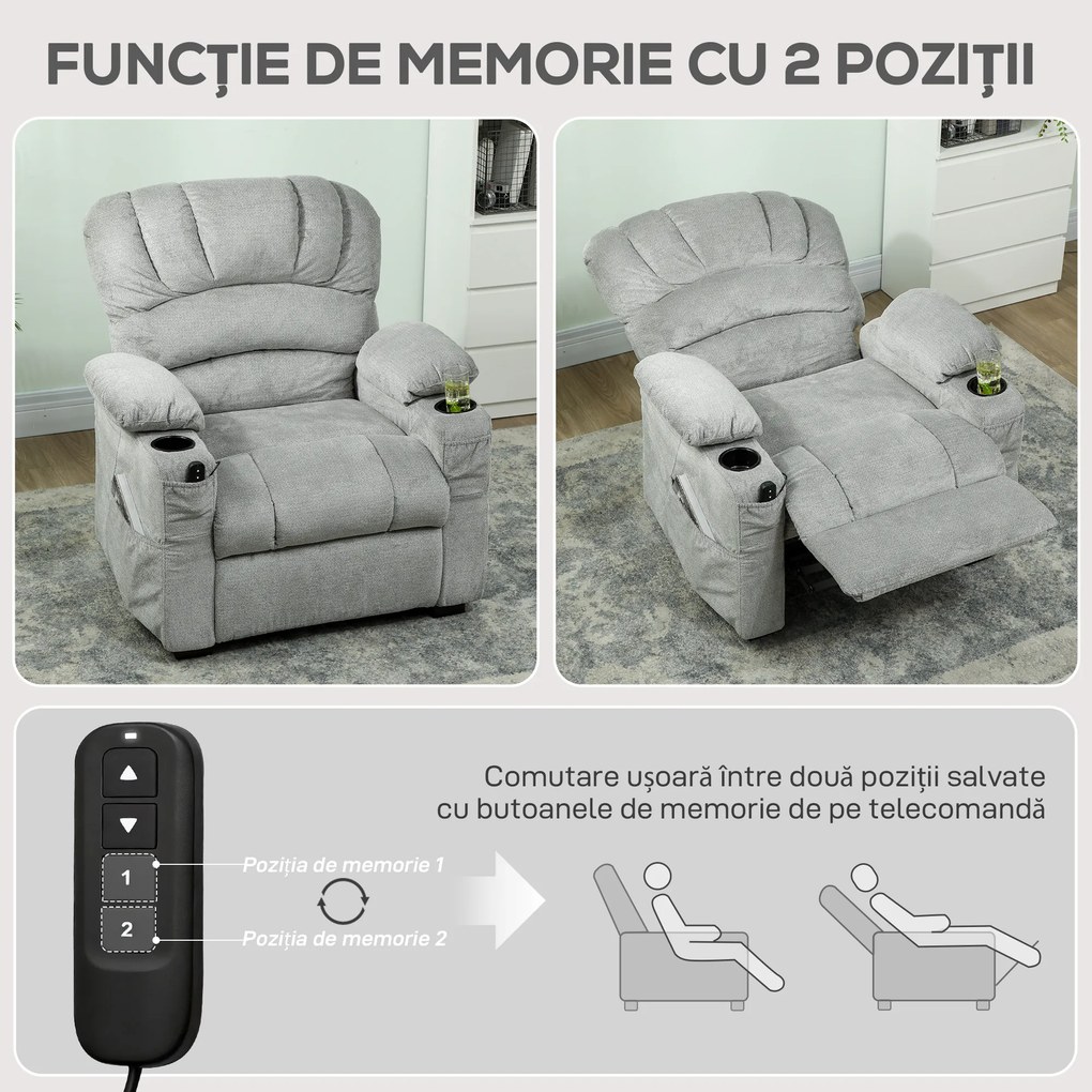 HOMCOM Fotoliu Relax Electric Reclinabil 150° cu Suport pentru Picioare, Șezut Lat, Silențios, Catifea, Gri | Aosom Romania