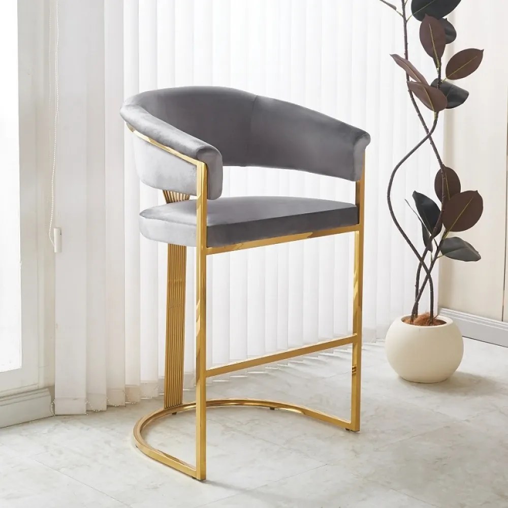 Scaun bar, cadru metalic auriu, catifea, Gri-Albastru închis/Auriu