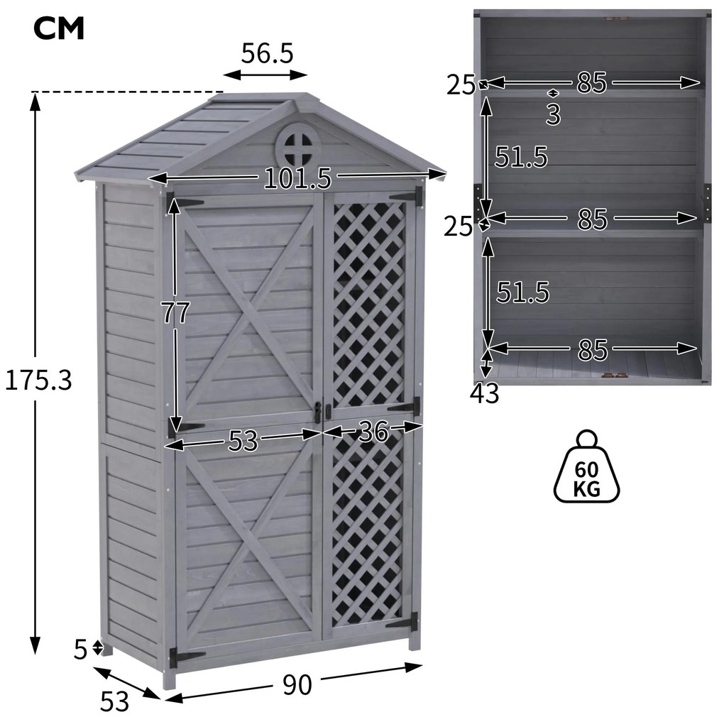 Depozit de mobilier de grădină din lemn pentru exterior, magazie de unelte rezistentă la intemperii, cu mult spațiu de depozitare și construcție din lemn stabilă, 90×56,5×175,3 cm, Gri