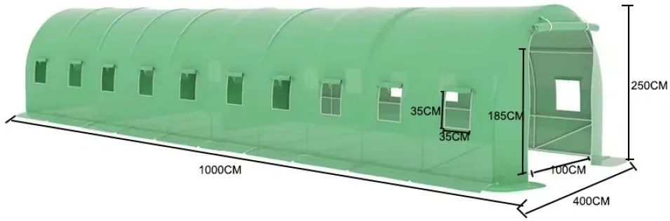 FOLIE solar de grădină, 4x10 m, 40 m², PE armată, rezistentă 180g/m2, cu filtru UV, impermeabila, 20 ferestre rulante, Verde, GH410C,
