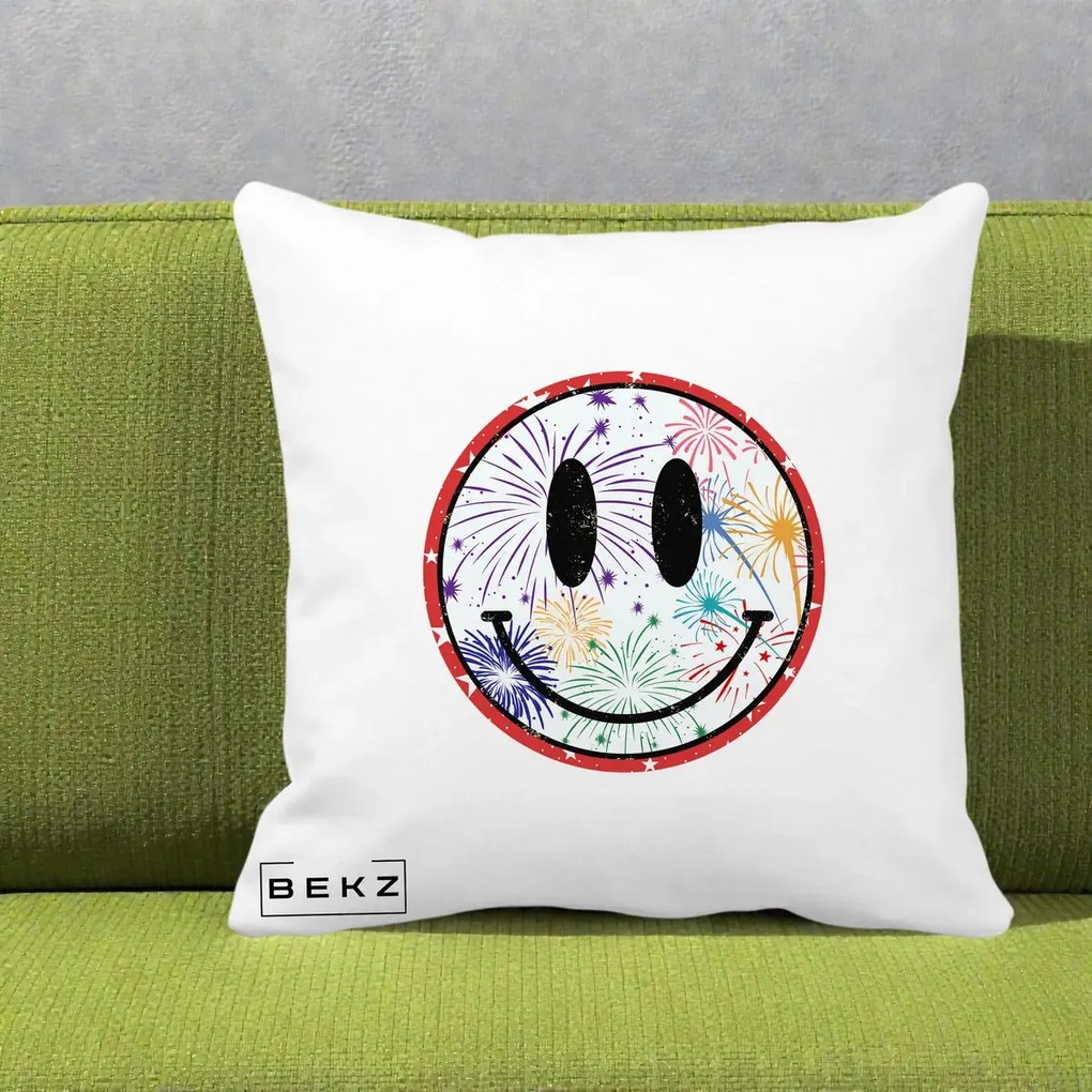 Perna decorativa Smiley Face cu Artificii Multicolore, 40x40 cm cu Umplutura, Alb Mat, BEKZ