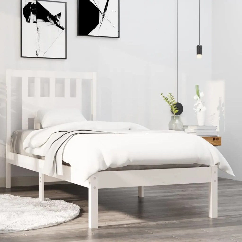 3104024 vidaXL Cadru de pat Small Single 2FT6, alb, 75x190 cm, lemn masiv