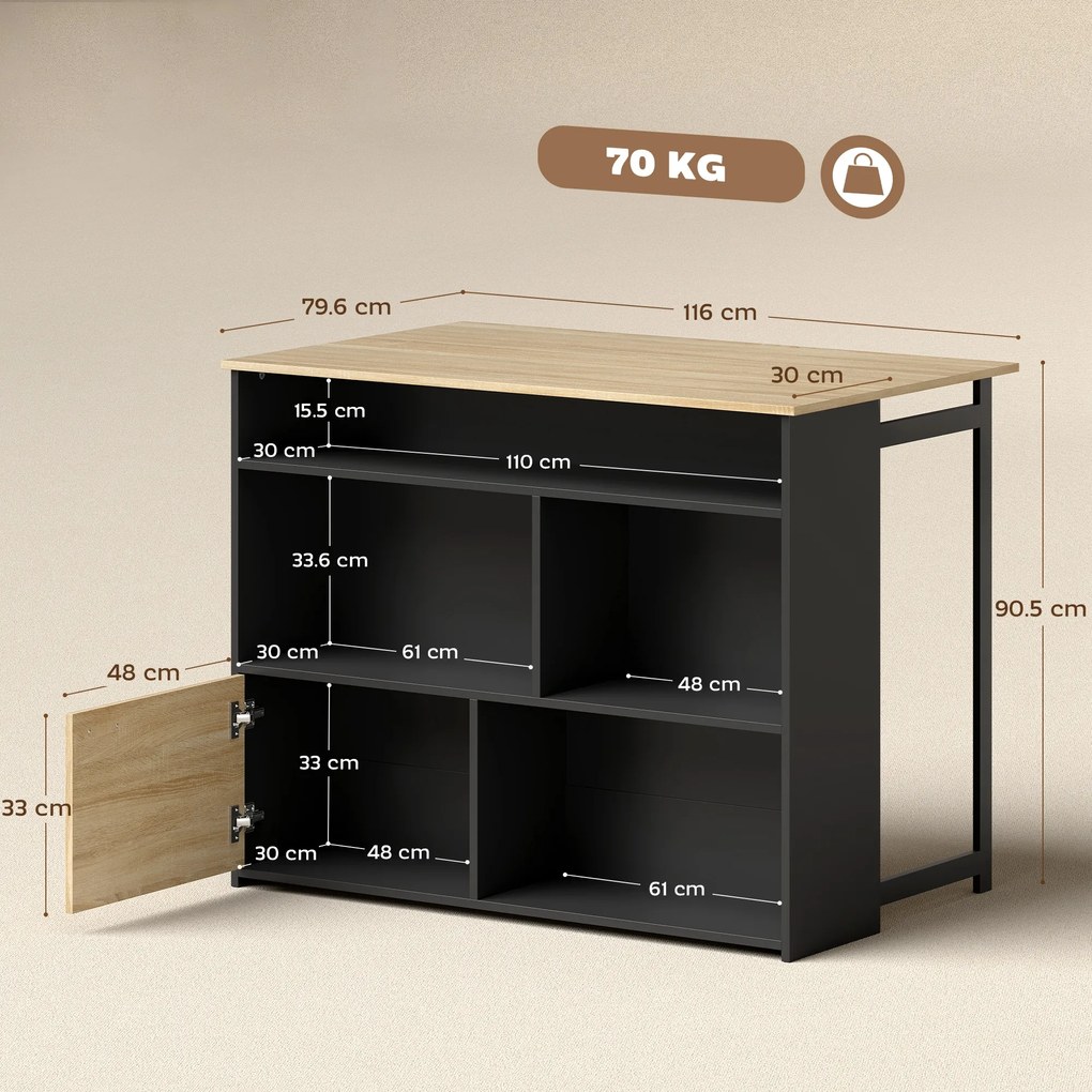 HOMCOM Masă de bar extensibilă cu blat rabatabil, masă înaltă pentru bucătărie, 1 dulap și 4 compartimente deschise, 116x79,6x90,5cm, negru | Aosom Romania