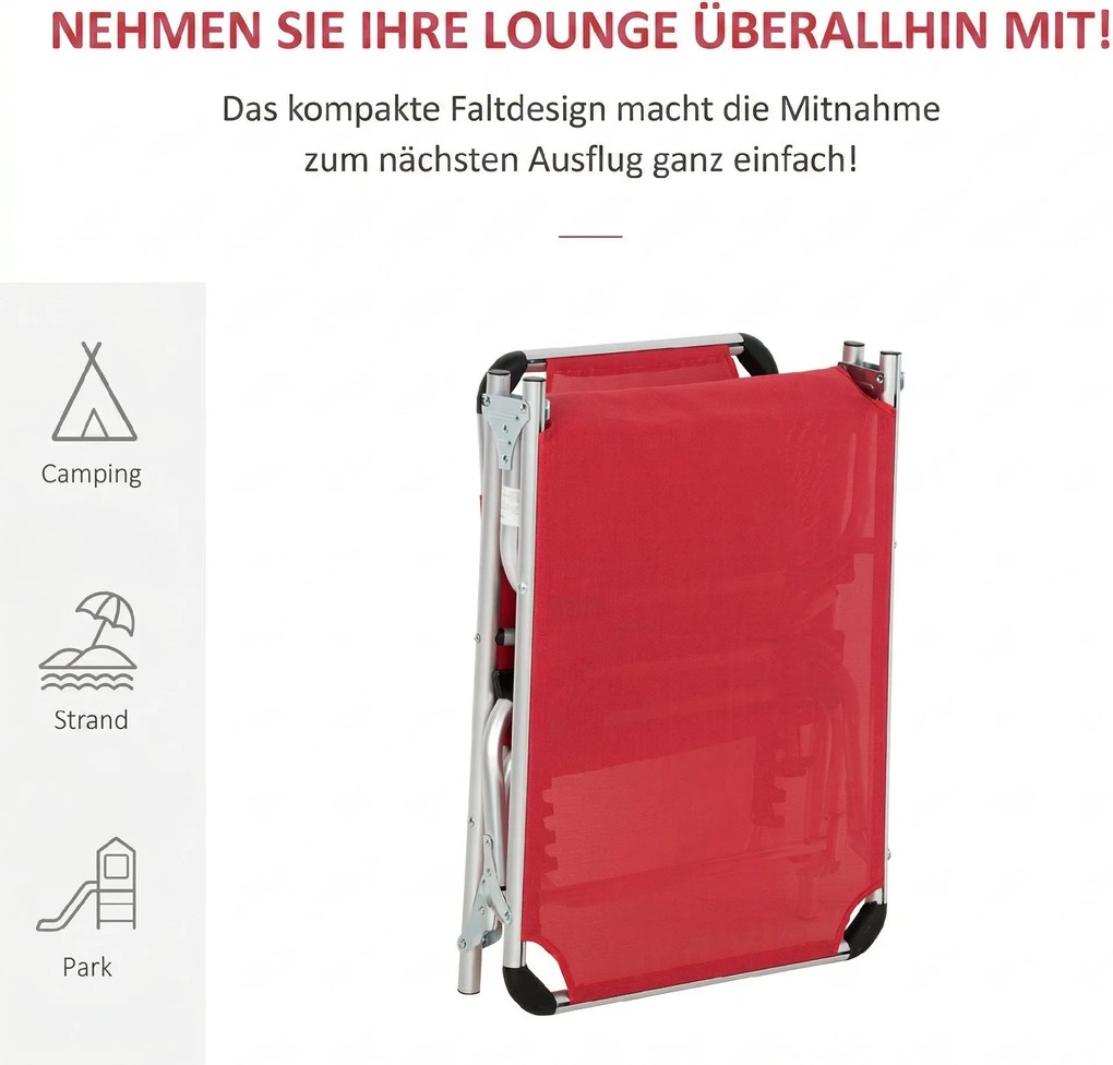 Outsunny șezlong pliabil de grădină cu pernă pentru cap, șezlong cu spătar reglabil în 4 trepte, pat de camping, suport până la 120 kg, pentru exterior/park/grădină, roșu | Aosom Romania