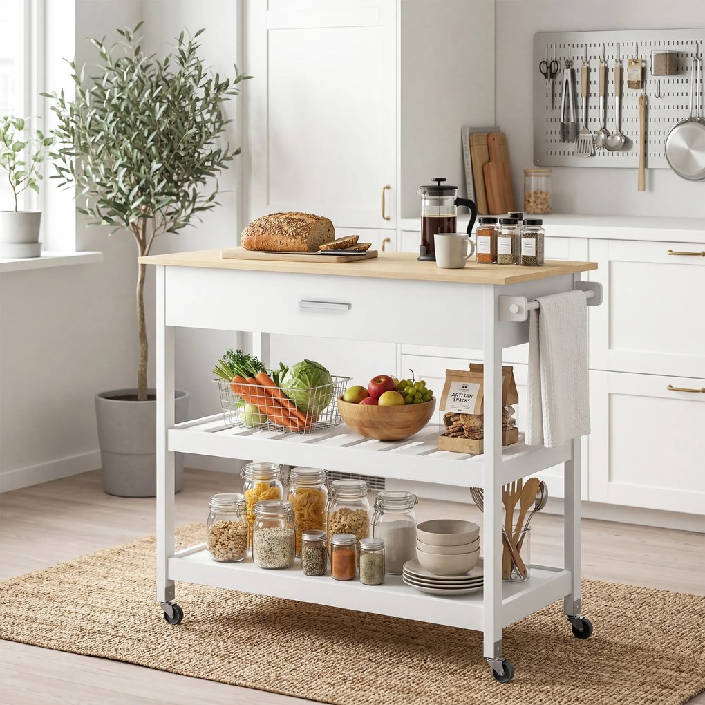 HOMCOM Cărucior de bucătărie cu depozitare, insulă mobilă de bucătărie cu blat mare, sertar, 2 rafturi deschise, suport pentru prosoape, Alb | Aosom Romania