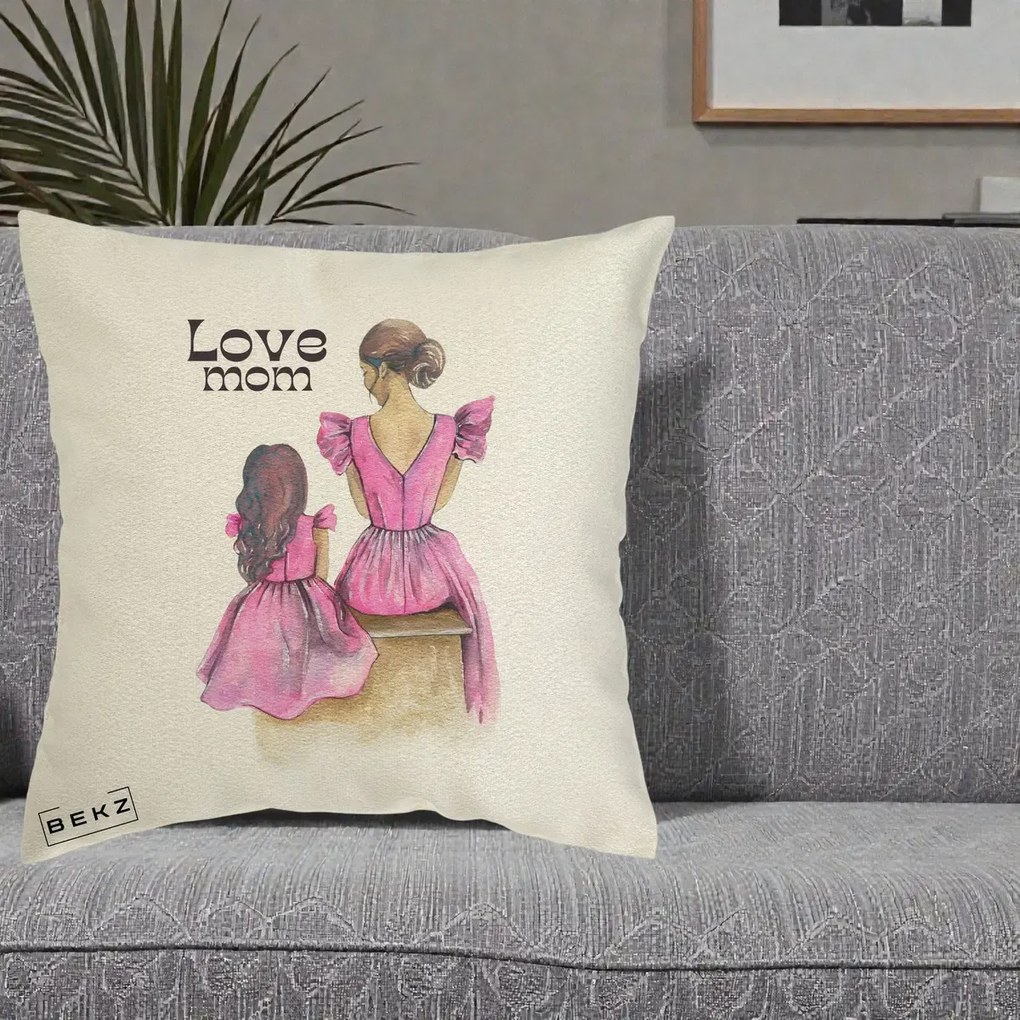 Cadou pentru Mama - Perna Personalizata Love Mom Rochii Roz, 40x40 cm, Ecru, Husa Detasabila, Perna Inclusa, BEKZ®