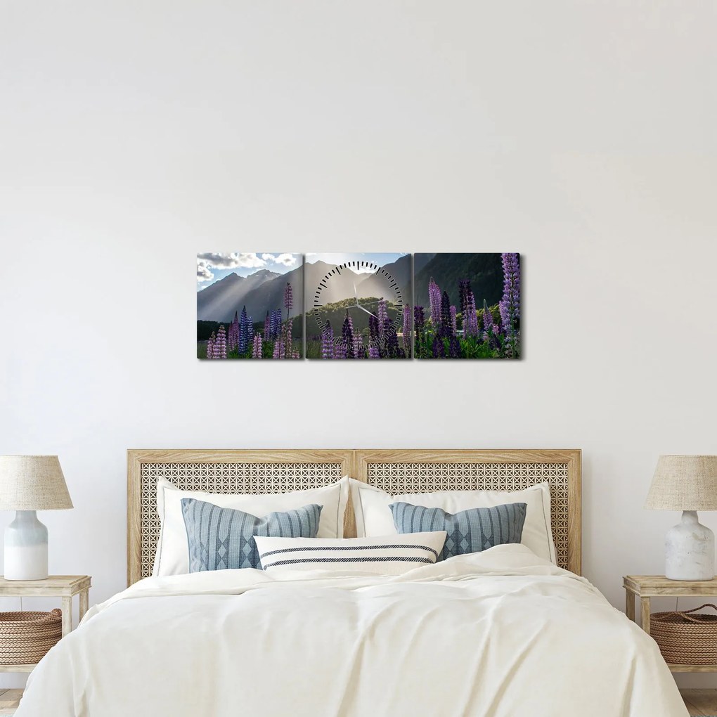 Tablou - scenariu cu flori de Lupin (cu ceas) (90x30 cm)