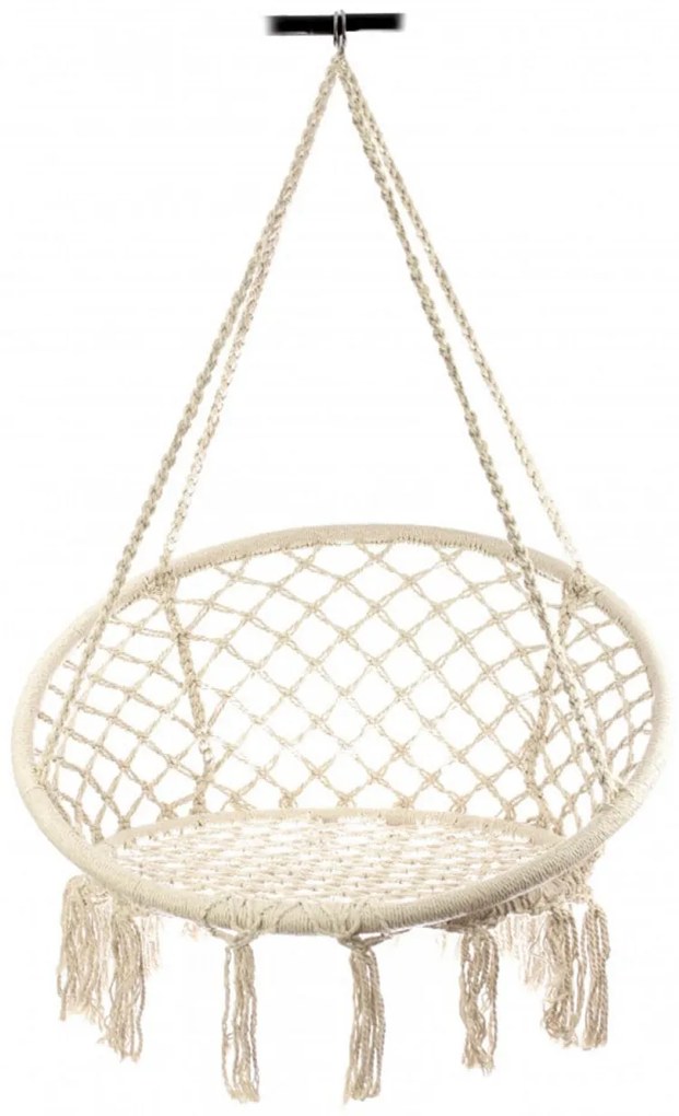 Scaun Rotund Suspendat tip Leagan Pentru Casa sau Gradina HOUSEXL™ ROUND COZY NEST, Cu Franjuri, 120 Kg, Bej
