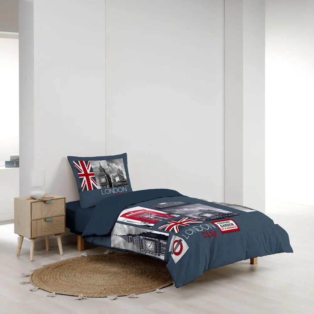 Lenjerie de pat albastru-închis din bumbac pentru pat de o persoană 140x200 cm City London – douceur d'intérieur