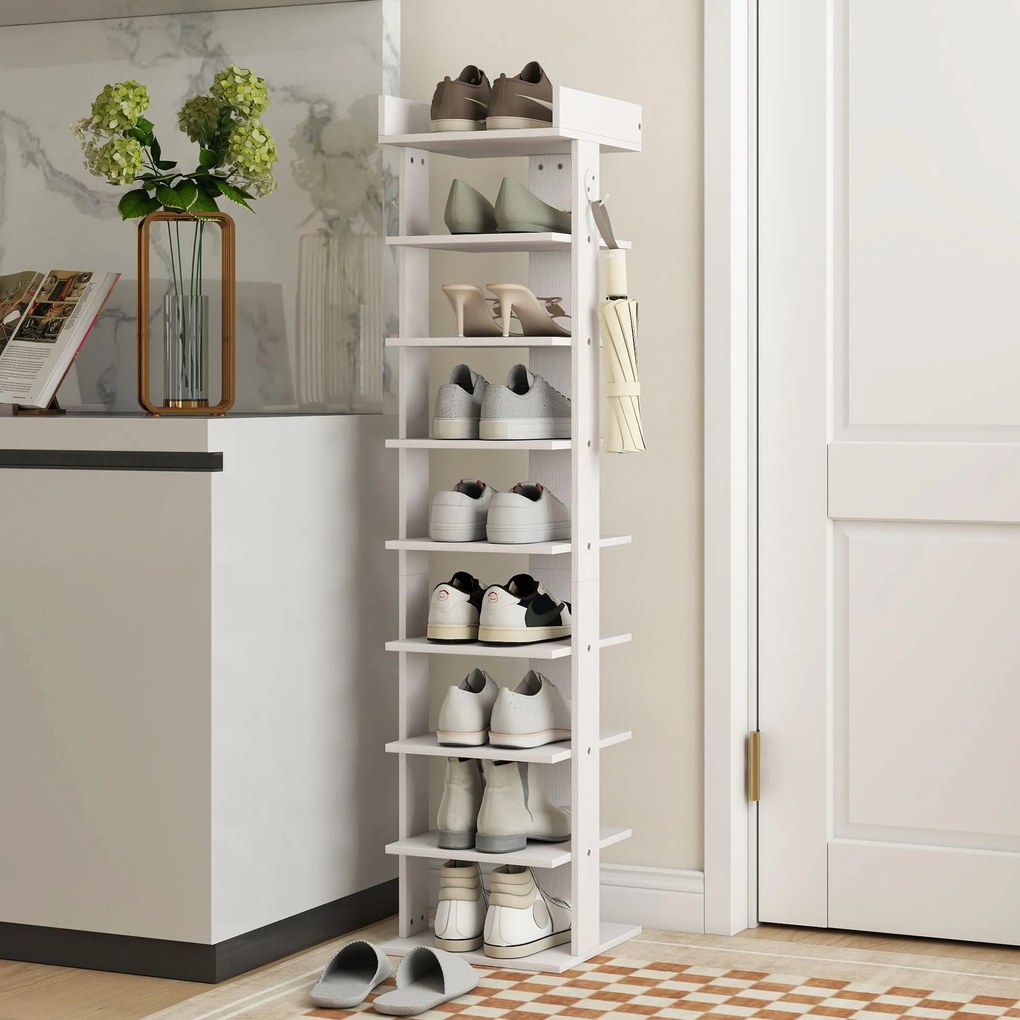 HOMCOM Pantofar 9 niveluri organizator din lemn pentru pantofi cu raft superior și 2 cârlige, pentru hol, Alb | Aosom Romania