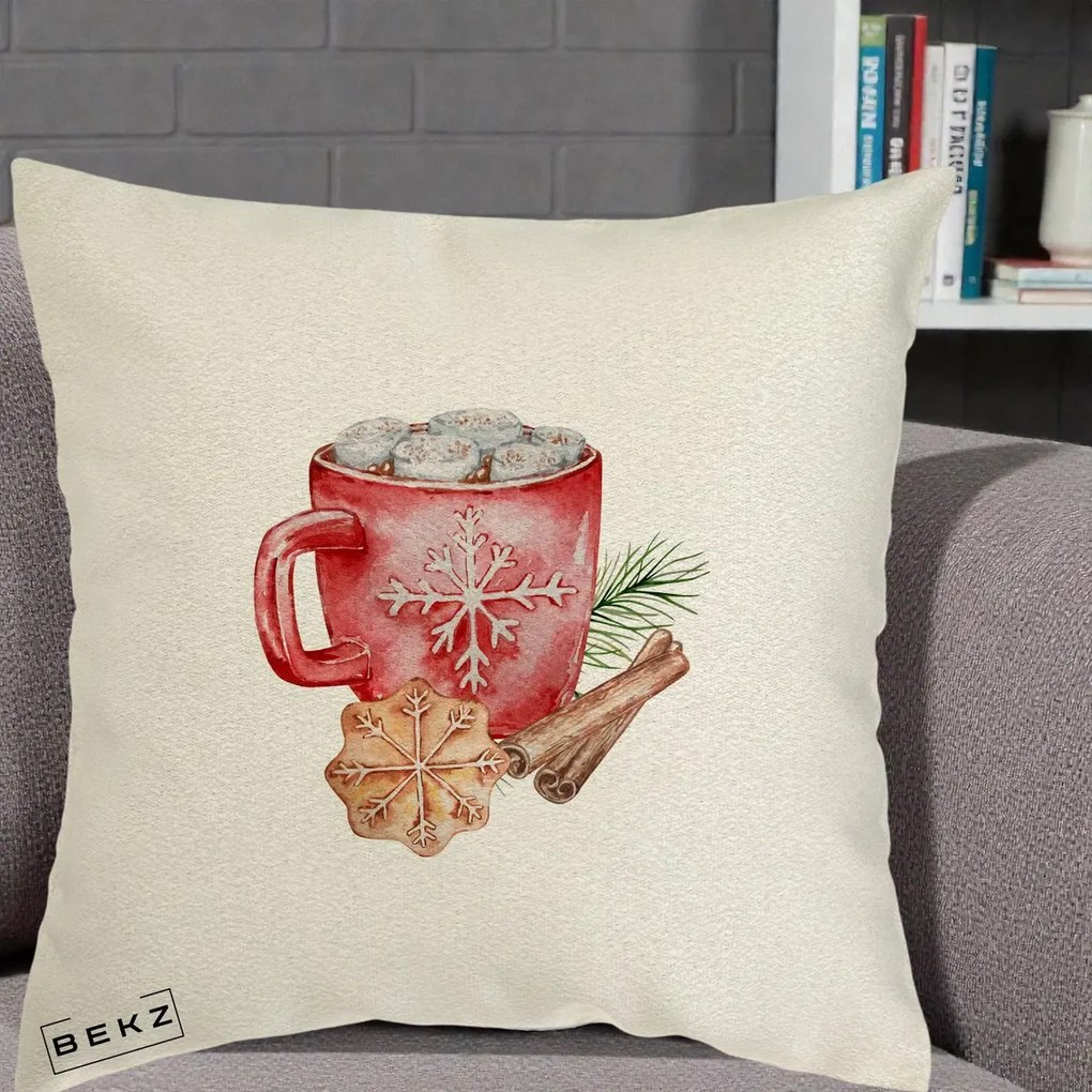 Perna Decorativa Cacao de Iarna cu Biscuit, 40x40 cm, Ecru, Husa Detasabila, Perna Inclusa, BEKZ®