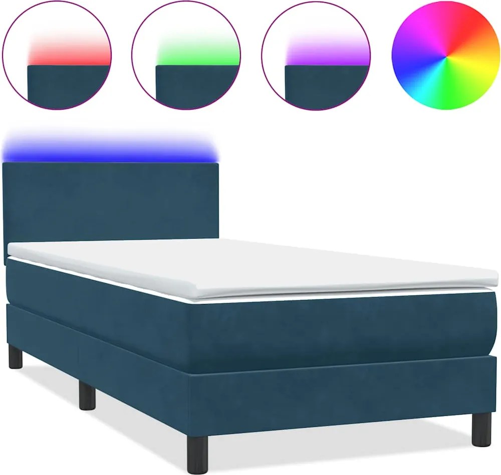 vidaXL Pat cu arcuri cu saltea și LED, albastru închis, 80x210 cm, catifea