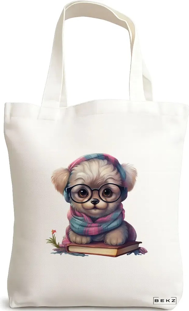 Sacosa de Panza pentru Cumparaturi, Geanta Tote, model Reading puppy 24 38 x 34.5 cm, Alba, BEKZ®