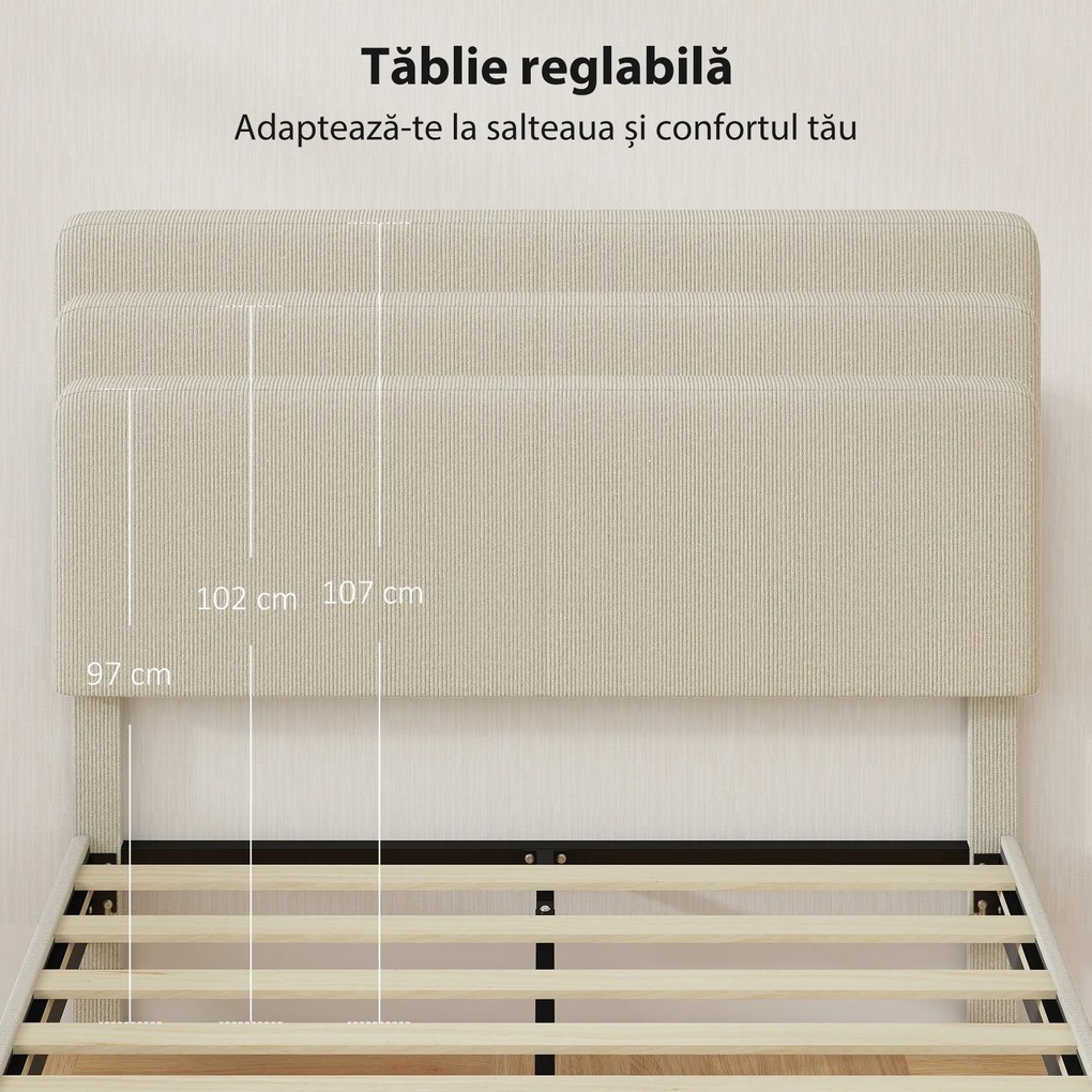 HOMCOM Cadru de Pat Matrimonial 140x200 cm Cap de Pat Reglabil pe Înălțime Îmbrăcat în Catifea, Pat Matrimonial cu Șipci de Lemn, pentru Dormitor, Montaj Ușor, Gri Deschis | Aosom Romania