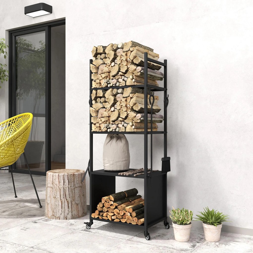 Outsunny Suport pentru Lemne de Foc de Interior și Exterior cu Roți și 4 Ustensile, cu Lopățică, Vătrai, Perie și Clește, Metal, 45 x 30 x 118 cm, Negru | Aosom Romania