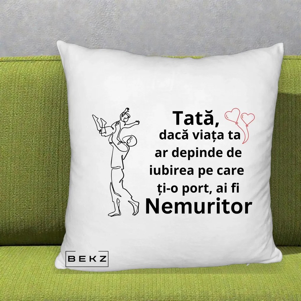Cadou pentru Tata - Perna Personalizata Tata Nemuritor Joaca in Aer, 40x40 cm, Alb Pufos, Husa Detasabila, Perna Inclusa, BEKZ®