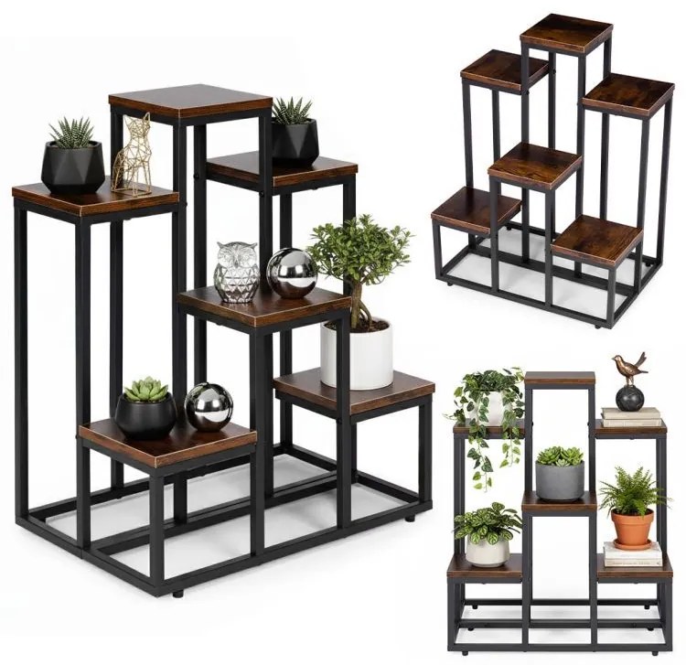 Suport pentru flori Loft - 6 rafturi, oțel negru și decor din lemn