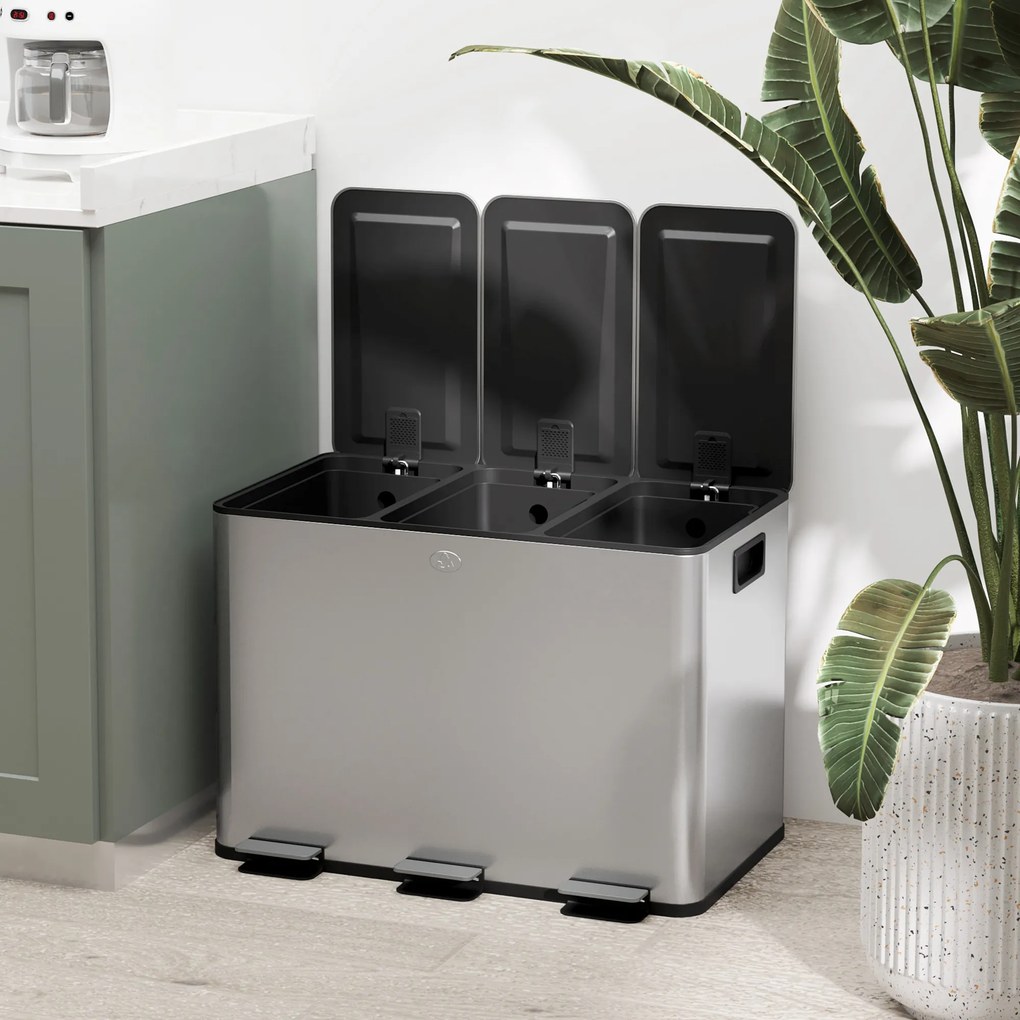 HOMCOM Coș de Gunoi cu 3 Compartimente de 20L, Cu Pedală, Capace cu Închidere Silențioasă, Oțel Inoxidabil și PP, 61,9x36,6x56,7 cm, Argintiu | Aosom Romania