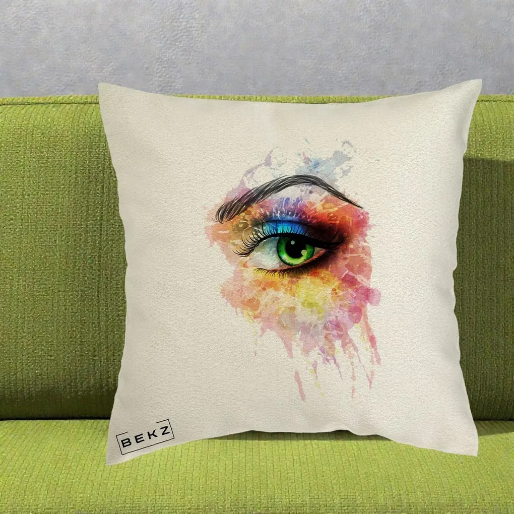 Perna Decorativa Ochi Verde Acuarela, 40x40 cm, Ecru, Husa Detasabila, Perna Inclusa, BEKZ®