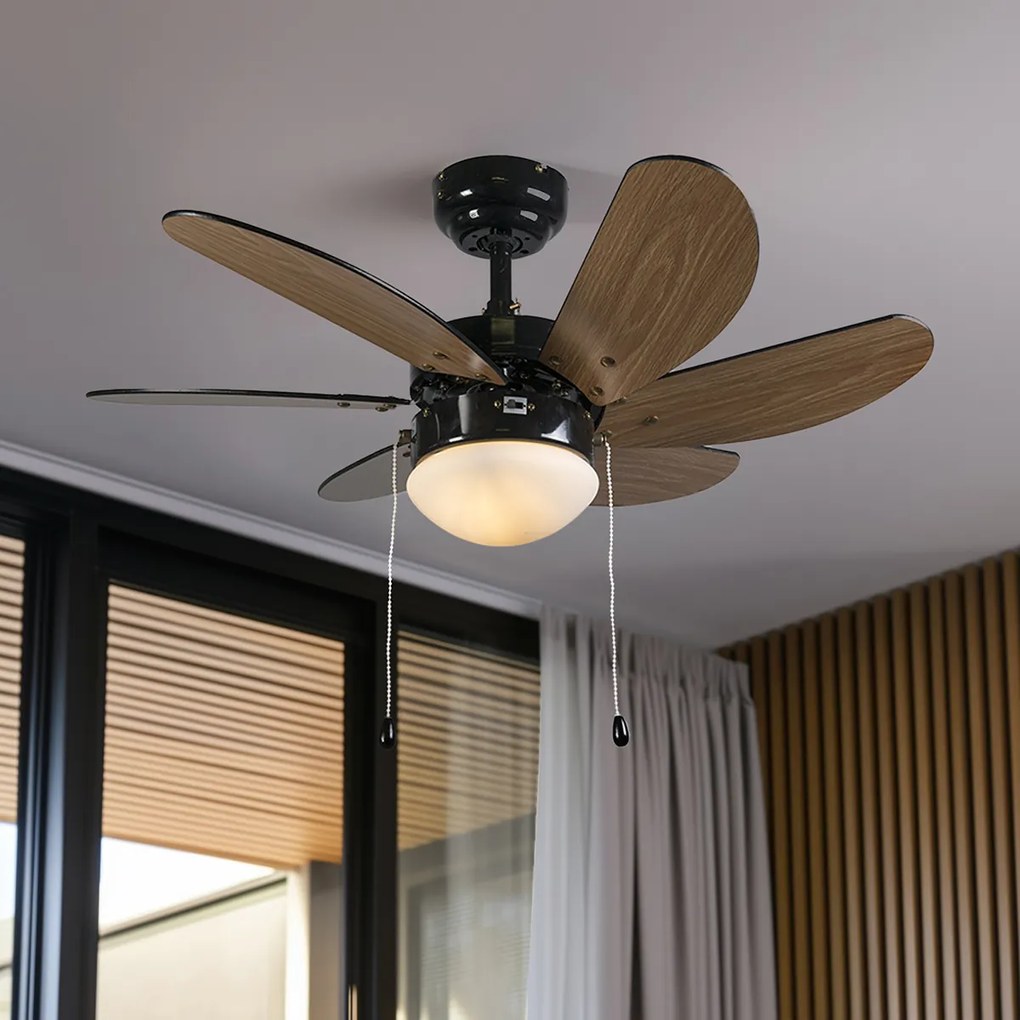 Ventilator de tavan negru cu imprimeu lemn 80cm cu șnur - Fresh