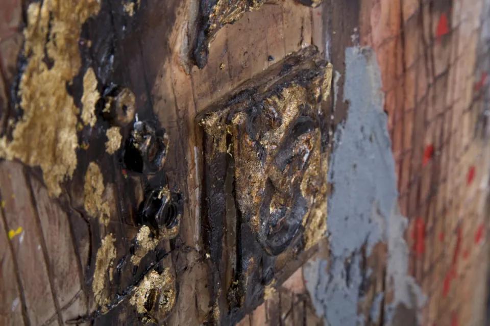 Tablou decorativ multicolor din lemn de pin si panza, 90 x 3,5 x 120 cm, Guitar A Mauro Ferreti