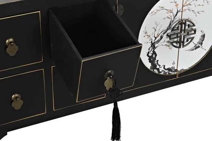 Comodă TV living din lemn, negru, cu 2 uși, 8 sertare și medalion oriental cu ramură înflorită, 51 x 130 x 26 cm, „Zenora”
