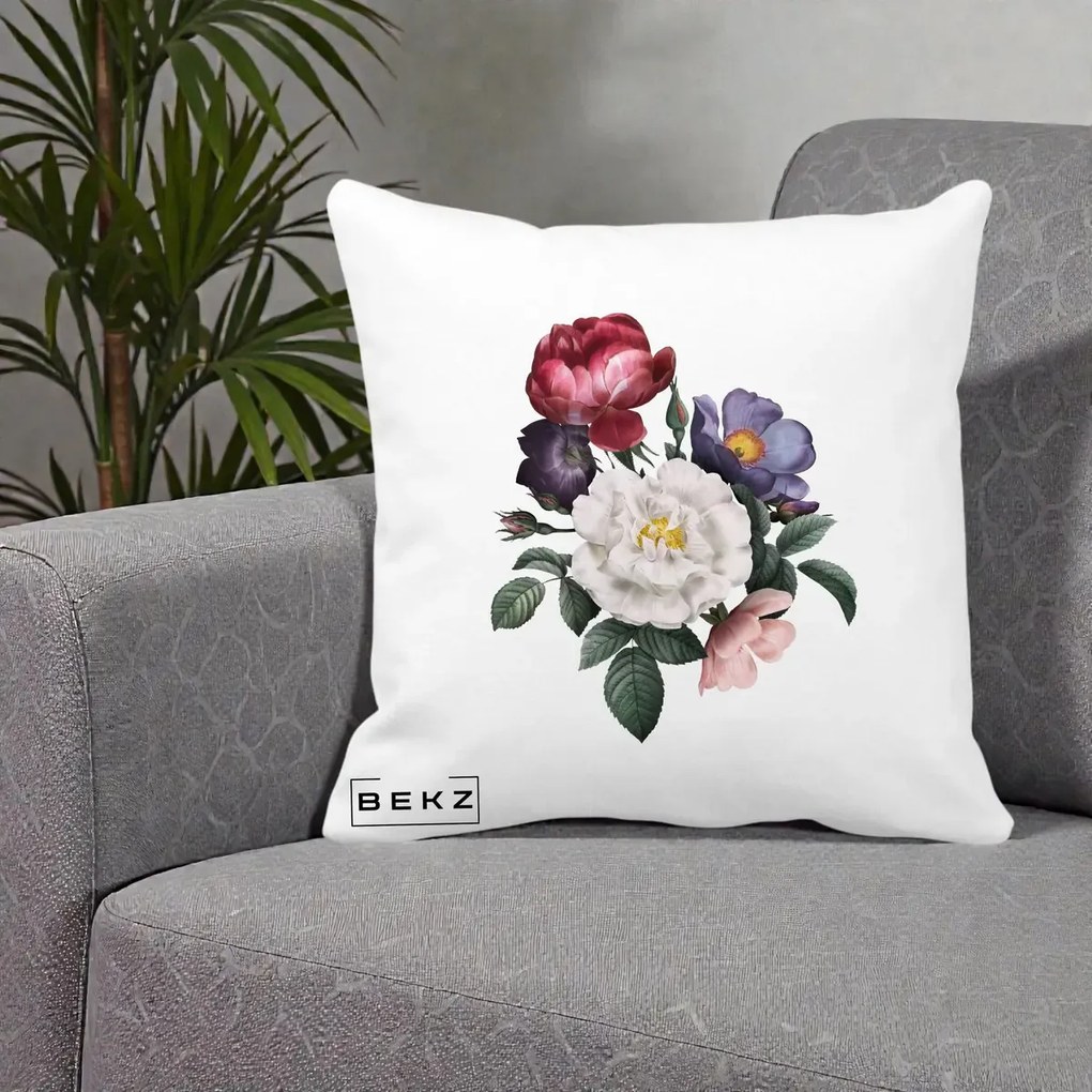 Perna Decorativa Buchet Trandafiri Bujori Botanical, 40x40 cm, Alba Mata, Husa Detasabila, Perna Inclusa, BEKZ®