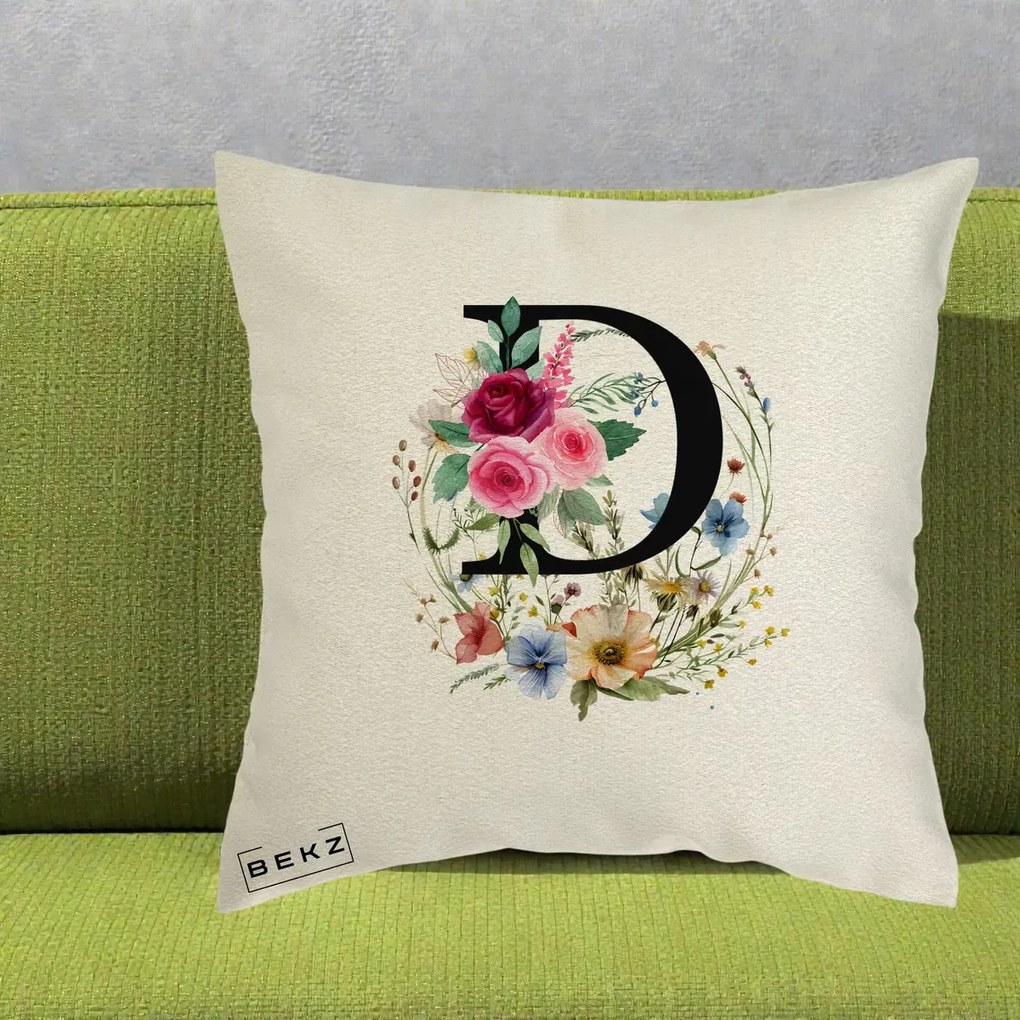 Cadou Personalizat - Perna Personalizata Monogram Litera D cu Flori Acuarela, 40x40 cm, Ecru, Husa Detasabila, Perna Inclusa, BEKZ®