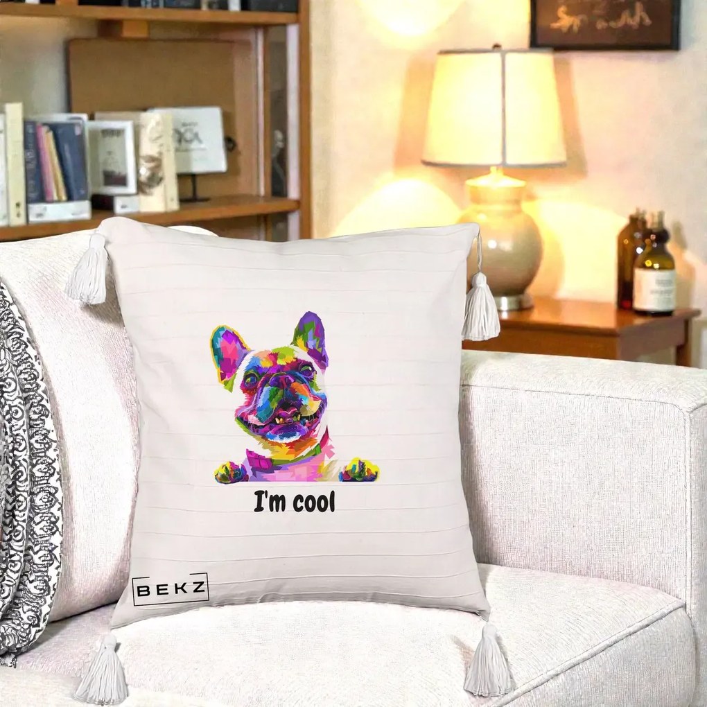 Perna Personalizata Bulldog Francez I'm Cool, 40x40 cm, Bej cu Franjuri, Husa Detasabila, Perna Inclusa, BEKZ®