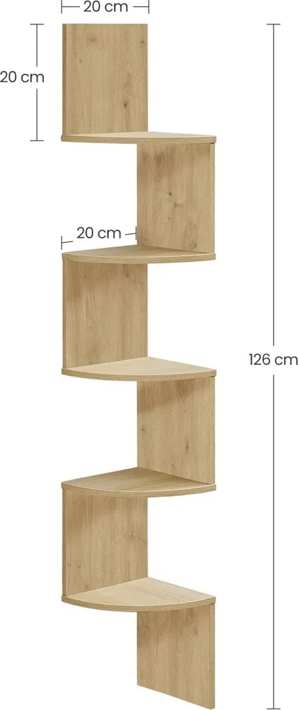 Raft de colt de perete ESTANTE, 5 polite in decor stejar artisan, 126x20cm