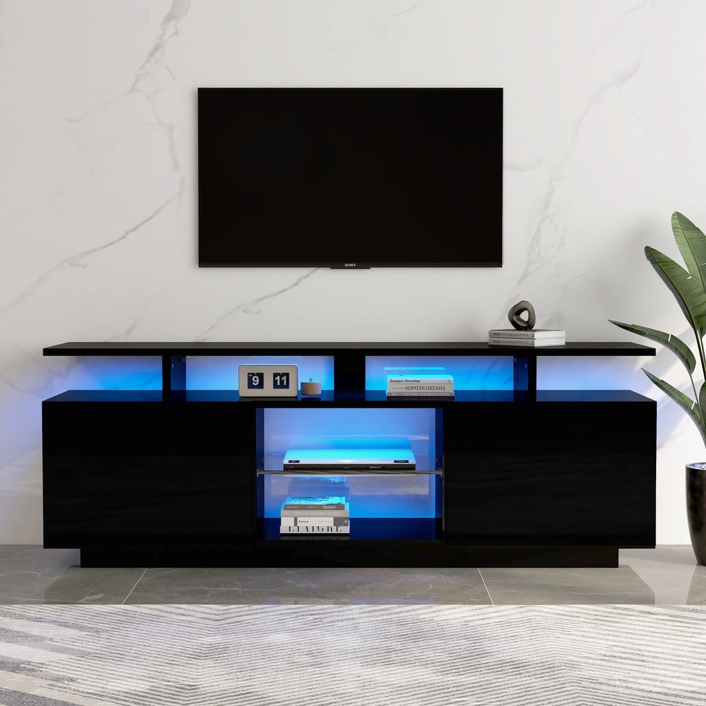 Mobilier TV modern cu iluminare LED în 16 culori, panou frontal lucios, raft din sticlă, 140×35×55 cm, Negru