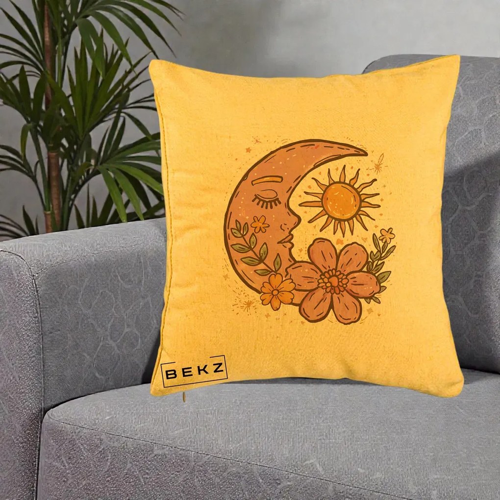 Perna Personalizata Luna si Soare Floral Boho, 40x40 cm, Galben, Husa Detasabila, Perna Inclusa, BEKZ®