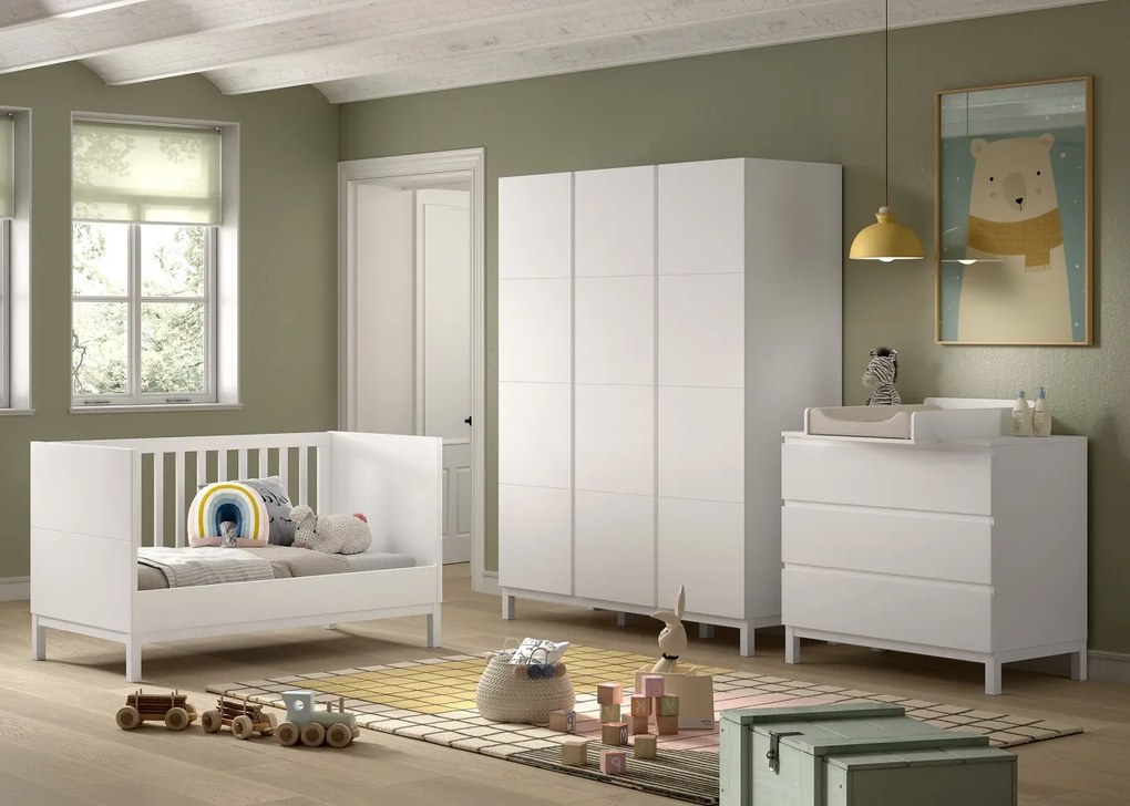 Set Complet Cameră Copii EVA: Pătuț Transformabil 70x140 cm, Comodă cu 3 Sertare, Masă de Înfășat și Dulap 3 Uși, Alb – Vipack